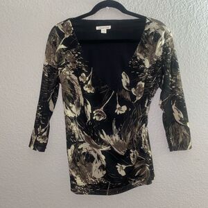Coldwater Creek Women’s Blouse S (6–8) Black Beige Floral Print V-Neck